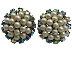 Elegant vintage clip earrings with faux pearls and stunning Aurora Borealis bead